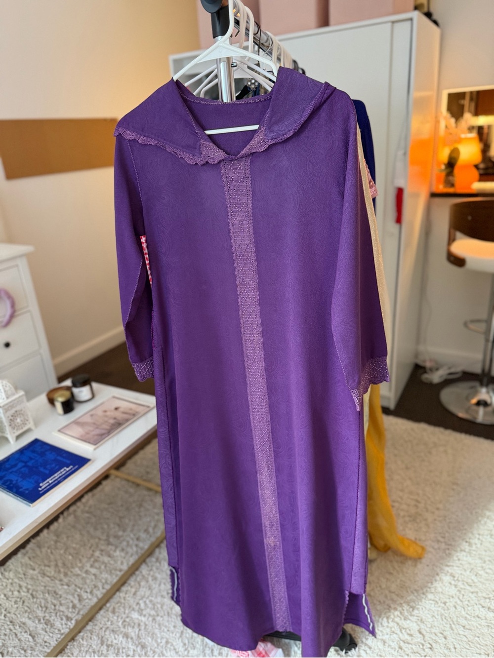 Traditional Purple Moroccan Kaftan with Lace Trim